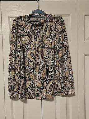 Paisley Print Long-Sleeve Blouse in Beige and Black